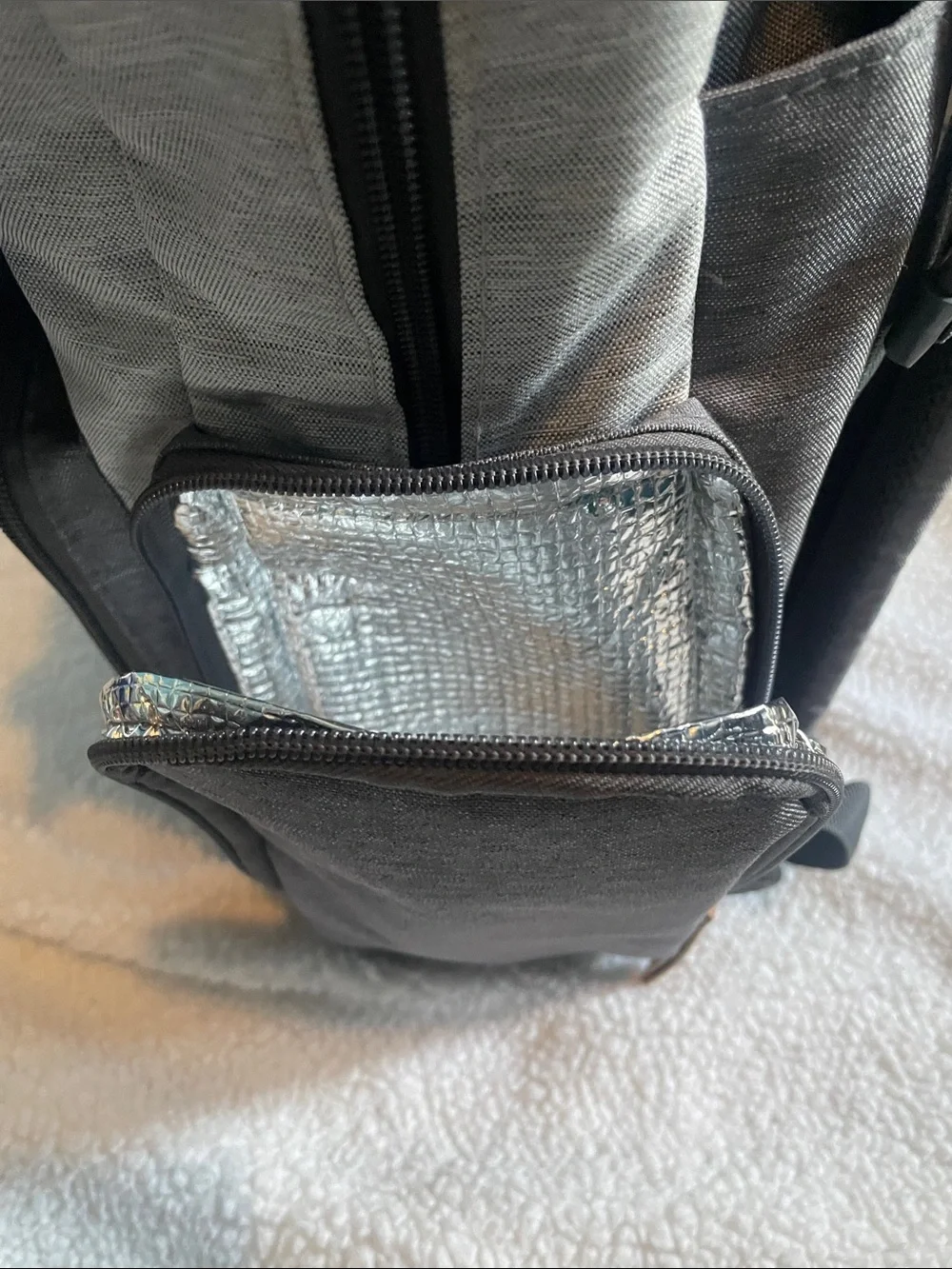 Eddie Bauer Two-Tone Gray and Light Gray Canvas diaper bag with Tan Accents